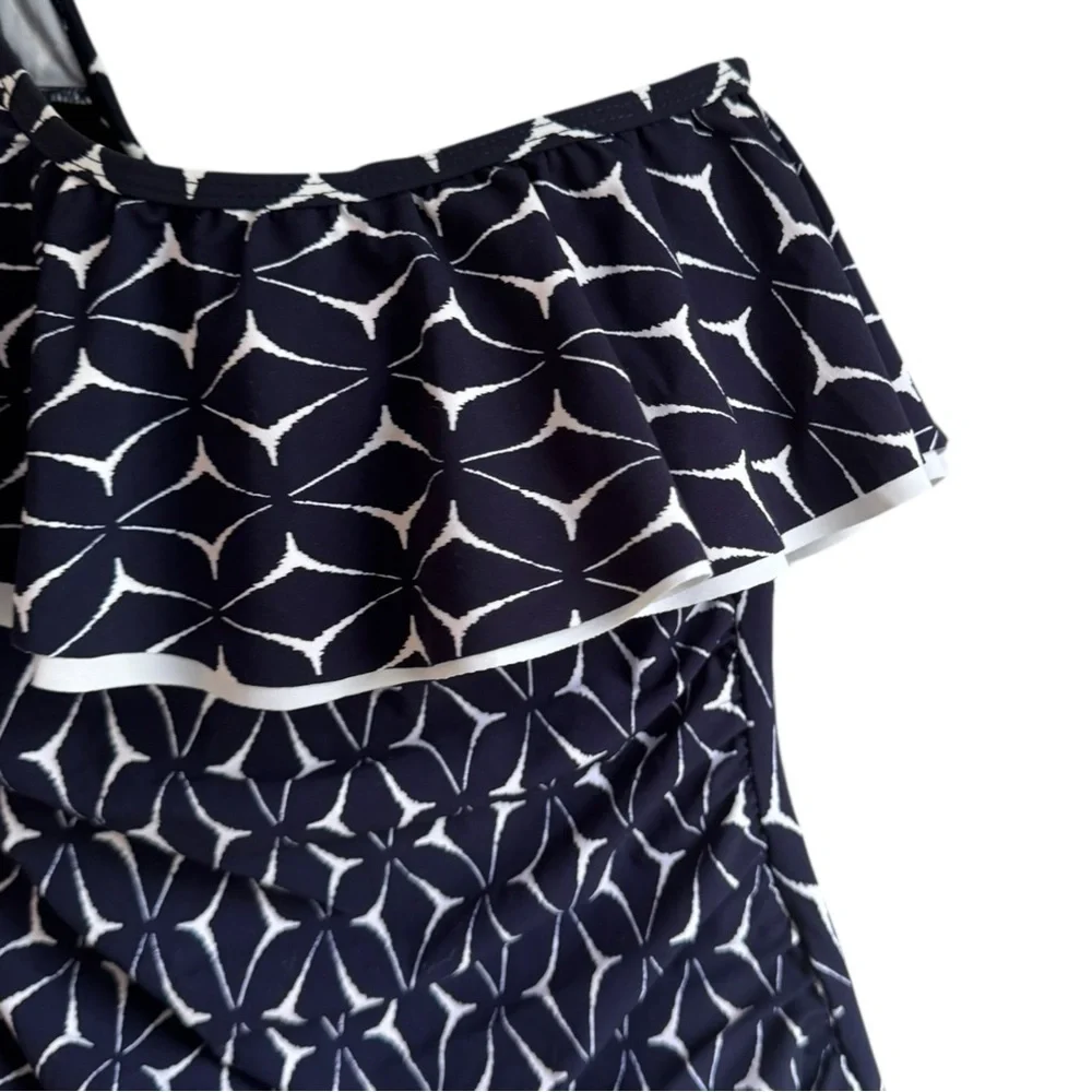 Profile‎ by Gottex Ruffle One Shoulder One Piece 10 Navy Blue White Swimsuit